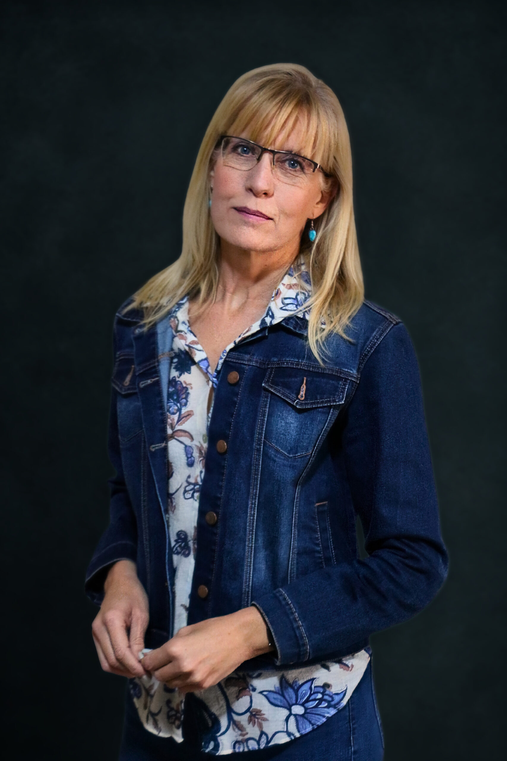 Zelna with denim jacket and black background